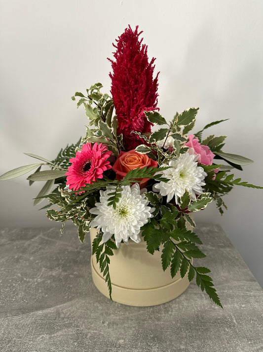 Cream Hat Box - Pink & White Flowers