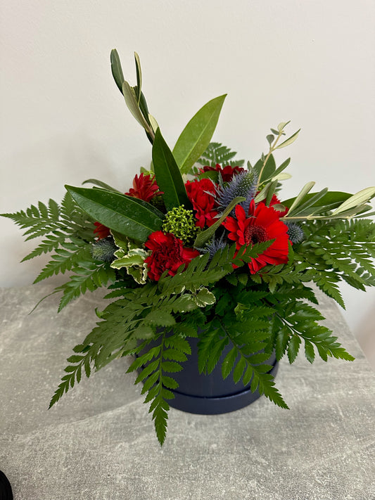 Navy Hat Box - Red flowers