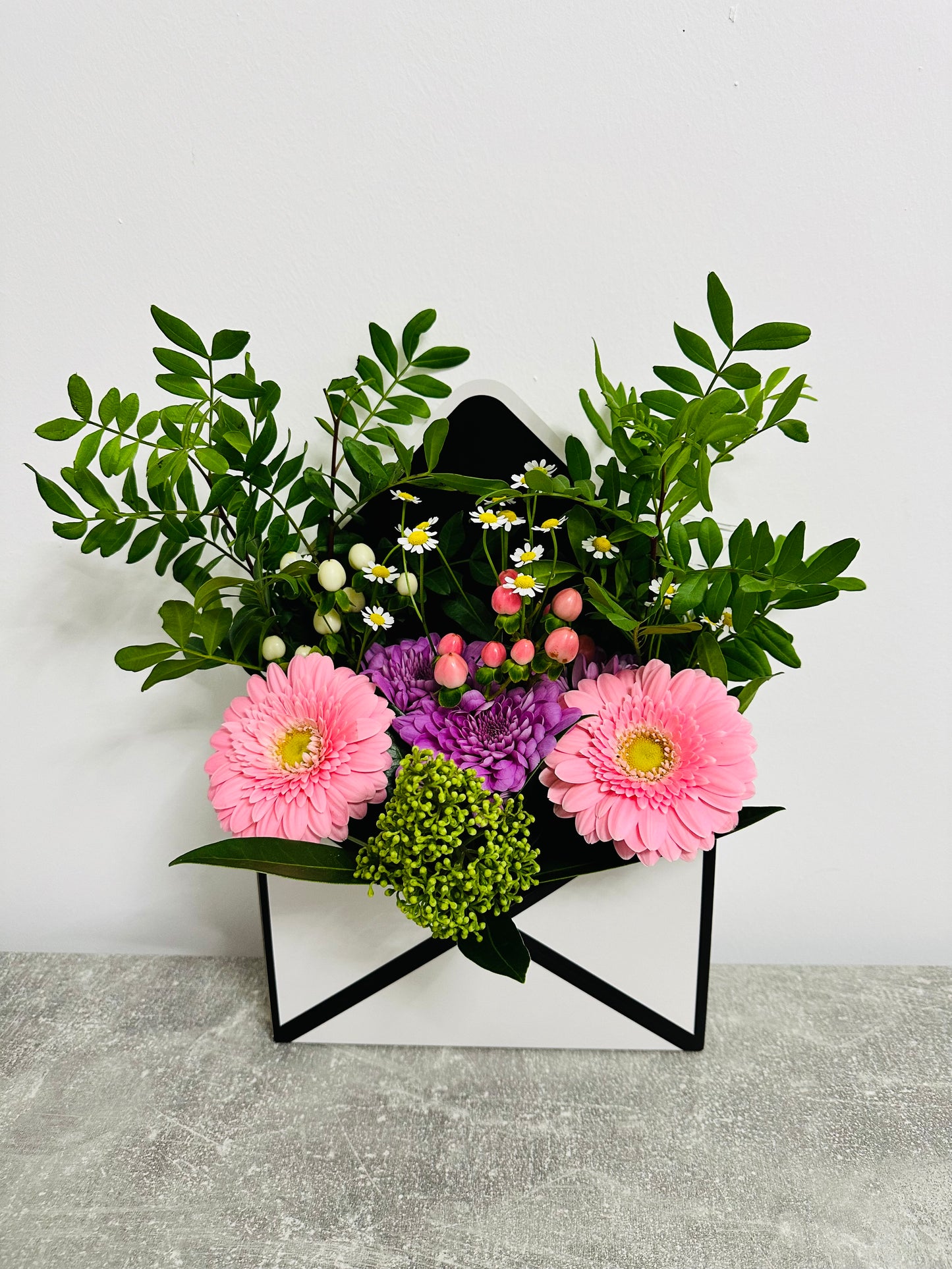 White Envelope Arrangement - Pink Flowers