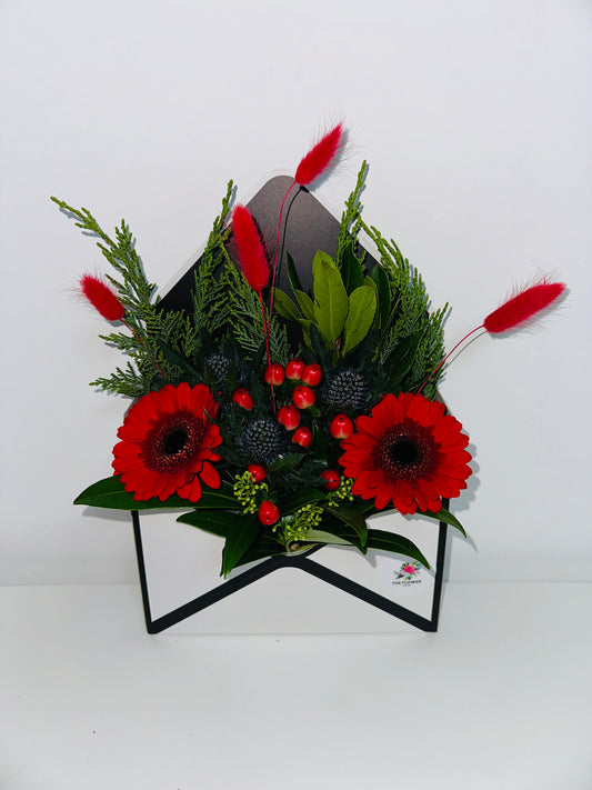 White Envelope Arrangement - Red Flowers